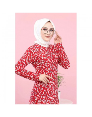 Robe longue évasée à motifs fleurs (Vente en ligne vetement femme musulmane) - Couleur rouge 