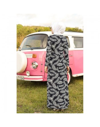 Robe longue imprimée motifs feuilles (Mode musulmane) - Couleur bleu marine 