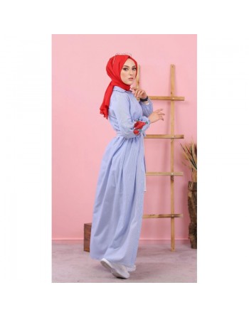 Robe chemise longue imprimée à rayures et ceinture assortie (Vetement femme voilée) - Couleur bleu et blanc 