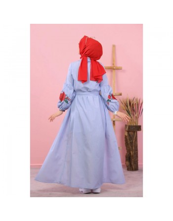 Robe chemise longue imprimée à rayures et ceinture assortie (Vetement femme voilée) - Couleur bleu et blanc 