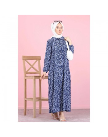 Robe longue boutonnée ample imprimée Nénuphar (Robes Hijab pour femme voilée) - Couleur Bleu marine 