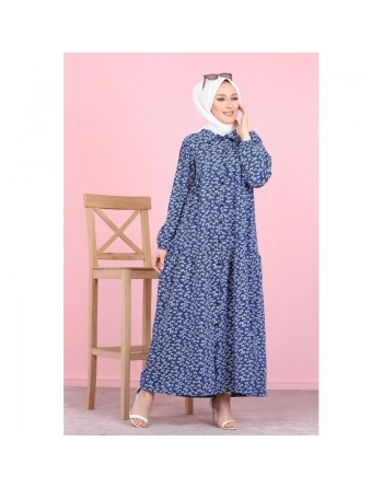 Robe longue boutonnée ample imprimée Nénuphar (Robes Hijab pour femme voilée) - Couleur Bleu marine 