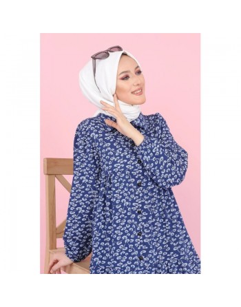 Robe longue boutonnée ample imprimée Nénuphar (Robes Hijab pour femme voilée) - Couleur Bleu marine 