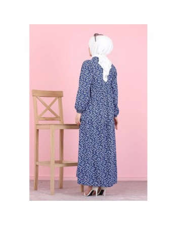 Robe longue boutonnée ample imprimée Nénuphar (Robes Hijab pour femme voilée) - Couleur Bleu marine 