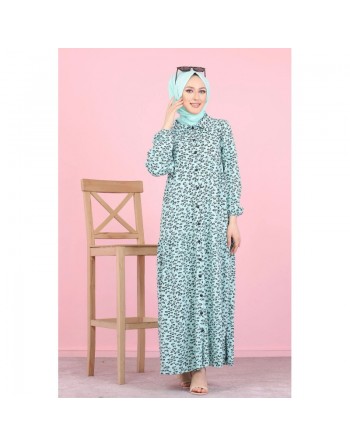 Robe longue boutonnée ample imprimée Nénuphar (Robes Hijab pour femme voilée) - Couleur Vert d'eau 