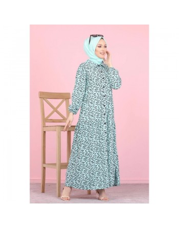 Robe longue boutonnée ample imprimée Nénuphar (Robes Hijab pour femme voilée) - Couleur Vert d'eau 