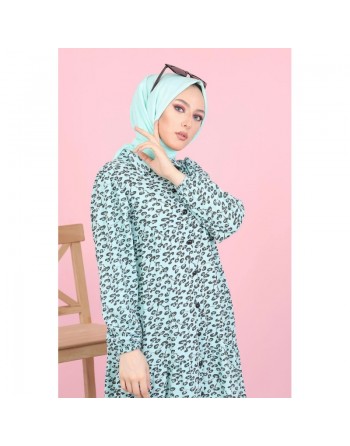 Robe longue boutonnée ample imprimée Nénuphar (Robes Hijab pour femme voilée) - Couleur Vert d'eau 