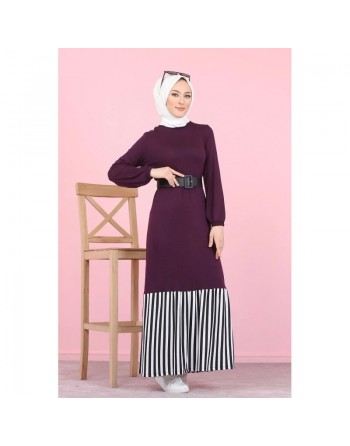 Robe longue bi-matière fluide pour femme (Vetement moderne musulmane) - Couleur aubergine 
