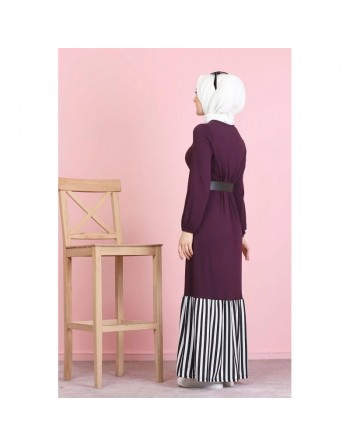 Robe longue bi-matière fluide pour femme (Vetement moderne musulmane) - Couleur aubergine 