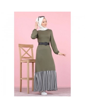 Robe longue bi-matière fluide pour femme (Vetement-Hijab moderne) - Couleur kaki 