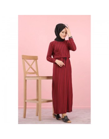 Robe maxi-longue à rayures mode décontracté ceinture intégrée (Vêtement femme voilée) - Couleur bordeaux 
