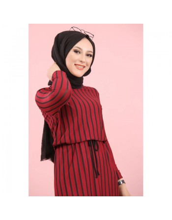 Robe maxi-longue à rayures mode décontracté ceinture intégrée (Vêtement femme voilée) - Couleur bordeaux 