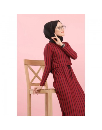 Robe maxi-longue à rayures mode décontracté ceinture intégrée (Vêtement femme voilée) - Couleur bordeaux 