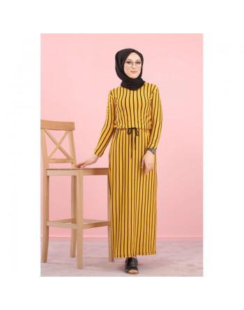 Robe maxi-longue à rayures mode décontracté ceinture intégrée (Vêtement femme Hijab en ligne) - Couleur Moutarde 