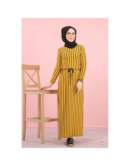 Robe maxi-longue à rayures mode décontracté ceinture intégrée (Vêtement femme Hijab en ligne) - Couleur Moutarde Robe maxi-longue à rayures mode décontracté ceinture intégrée (Vêtement femme Hijab en ligne) - Couleur Moutarde