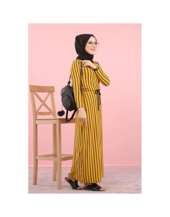 Robe maxi-longue à rayures mode décontracté ceinture intégrée (Vêtement femme Hijab en ligne) - Couleur Moutarde 