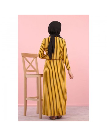 Robe maxi-longue à rayures mode décontracté ceinture intégrée (Vêtement femme Hijab en ligne) - Couleur Moutarde 