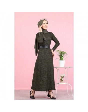 Robe fleurie en crêpe (Vetement pas cher pour femme voilée) - Couleur kaki 