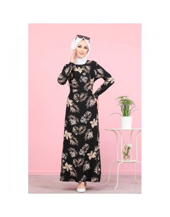 Robe noire fleurie tissu crêpe (Vetement Hijab) 