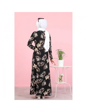 Robe noire fleurie tissu crêpe (Vetement Hijab) 