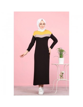 Robe longue tricolore pour femme musulmane (Vetement Hijab Tofisa France) - Couleur noir, moutarde et beige 
