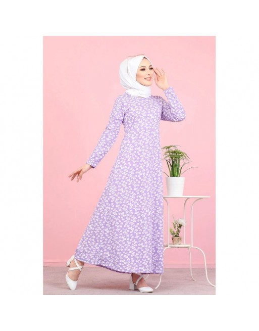 Robe évasée à motifs fleuris pour femme (Boutique Mode Musulmane en ligne) - Couleur lilas Robe évasée à motifs fleuris pour femme (Boutique Mode Musulmane en ligne) - Couleur lilas