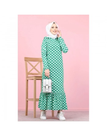 Robe à capuche imprimée à pois blancs avec volant (Vetement hijab) - Couleur verte 