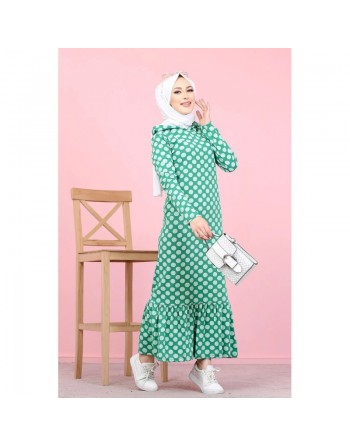 Robe à capuche imprimée à pois blancs avec volant (Vetement hijab) - Couleur verte 