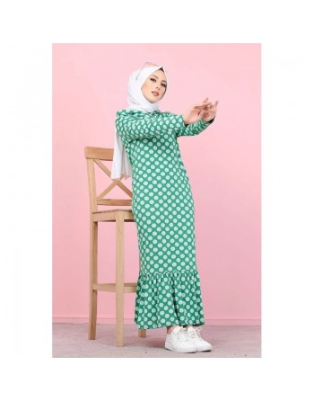 Robe à capuche imprimée à pois blancs avec volant (Vetement hijab) - Couleur verte 