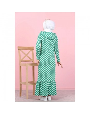 Robe à capuche imprimée à pois blancs avec volant (Vetement hijab) - Couleur verte 