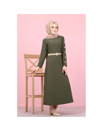 Robe décorée de boutons pour femme voilée - Vêtement islamique moderne - Couleur kaki 