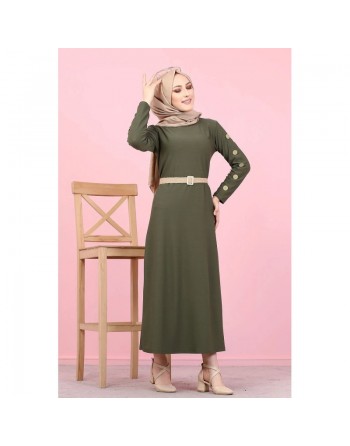 Robe décorée de boutons pour femme voilée - Vêtement islamique moderne - Couleur kaki 