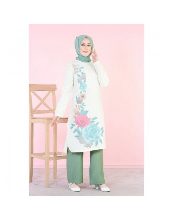 Tunique longue imprimée grandes fleurs rose et menthe (Vetement femme voilée) 