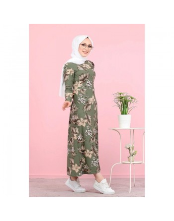 Robe longue imprimés fleurs (Vêtement style femme voilée) - Couleur kaki 