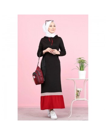 Robe longue avec capuche style sportswear (Vetement Hijab) - Couleur noir et rouge 