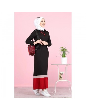 Robe longue avec capuche style sportswear (Vetement Hijab) - Couleur noir et rouge 