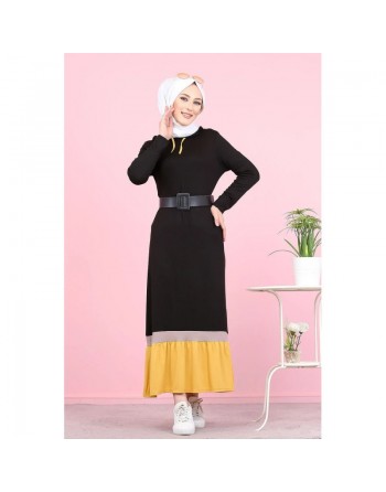 Robe longue avec capuche style Urban moderne (Vetement pour femme voilée) - Couleur noir et jaune moutarde 