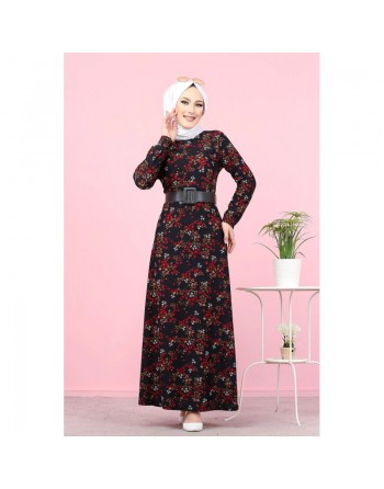 Robe longue fleurie pour femme - Couleur bleu marine 