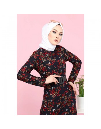 Robe longue fleurie pour femme - Couleur bleu marine 