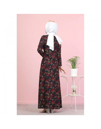Robe longue fleurie pour femme - Couleur bleu marine 