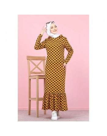 Robe volantée à capuche imprimée à pois avec volant (Vetement hijab femme - Grande taille) - Couleur moutarde 