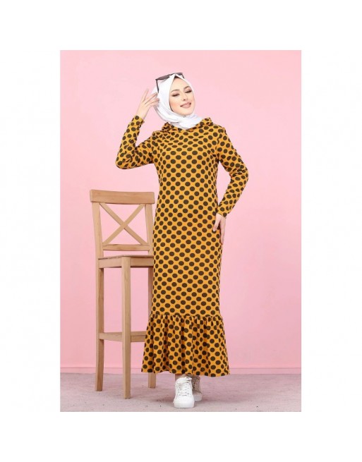 Robe volantée à capuche imprimée à pois avec volant (Vetement hijab femme - Grande taille) - Couleur moutarde Robe volantée à capuche imprimée à pois avec volant (Vetement hijab femme - Grande taille) - Couleur moutarde