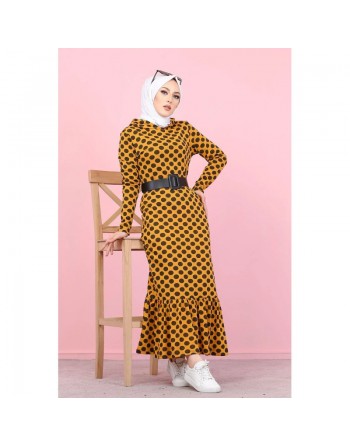 Robe volantée à capuche imprimée à pois avec volant (Vetement hijab femme - Grande taille) - Couleur moutarde 