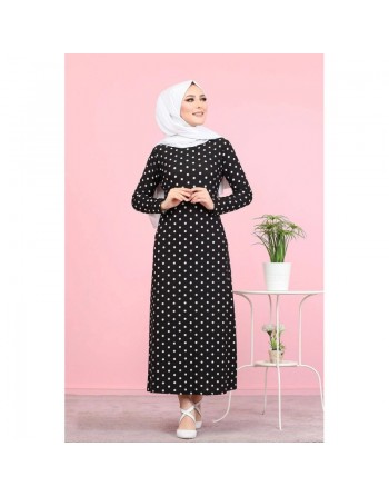 Robe longue à pois pour femme (Vetement musulman chic) - Couleur noir 