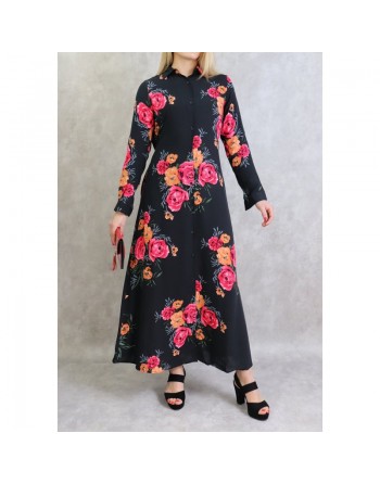 Robe longue boutonnée fluide fleurie en viscose pour femme - Couleur Noir 