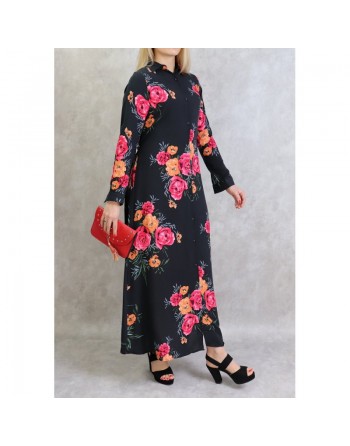 Robe longue boutonnée fluide fleurie en viscose pour femme - Couleur Noir 