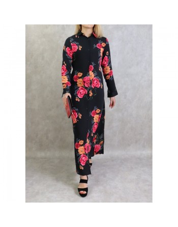 Robe longue boutonnée fluide fleurie en viscose pour femme - Couleur Noir 