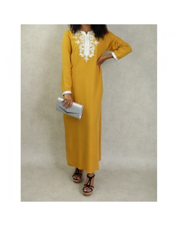 Robe orientale longue pour femme avec perles et broderies 100% coton - Couleur Jaune moutarde 
