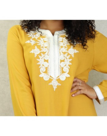 Robe orientale longue pour femme avec perles et broderies 100% coton - Couleur Jaune moutarde 