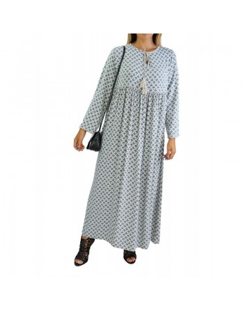 Robe longue viscose fluide et ample avec imprimé Bleu - Couleur Blanc cassé 